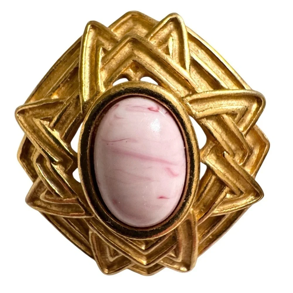 Vintage 80’s Monet Geometric Gold Pink Cabochon Clip-On Earrings - Picture 3 of 7